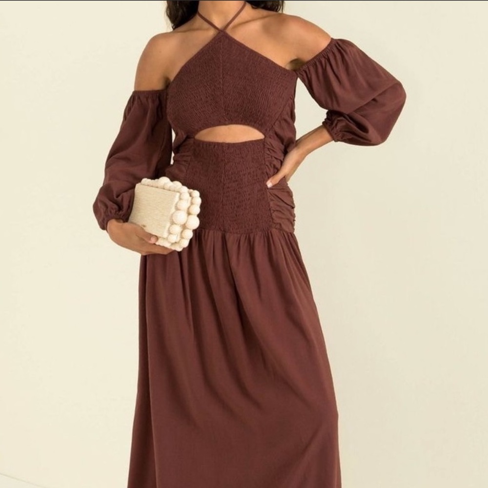 Sundae Muse Brown Halter Dress with Sleeves
